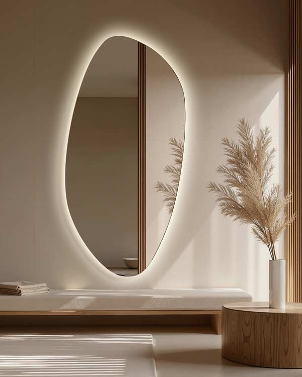Lustro LED nieregularne "Roco" w przedpokoju japandi. GieraDesign