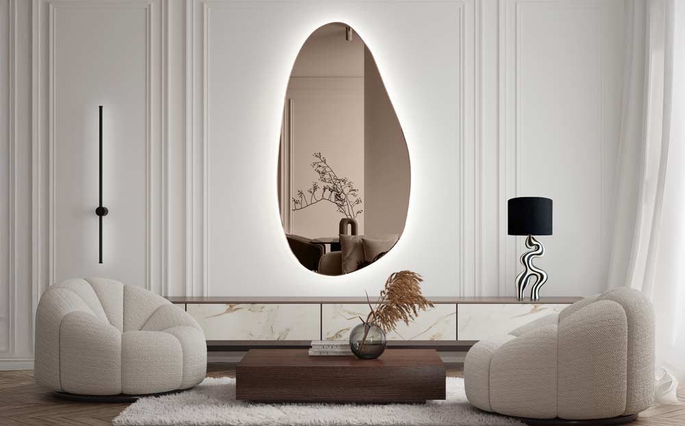 Lustro podświetlane Plama no.1 z brązową taflą w nowoczesnym salonie nad komodą. GieraDesign