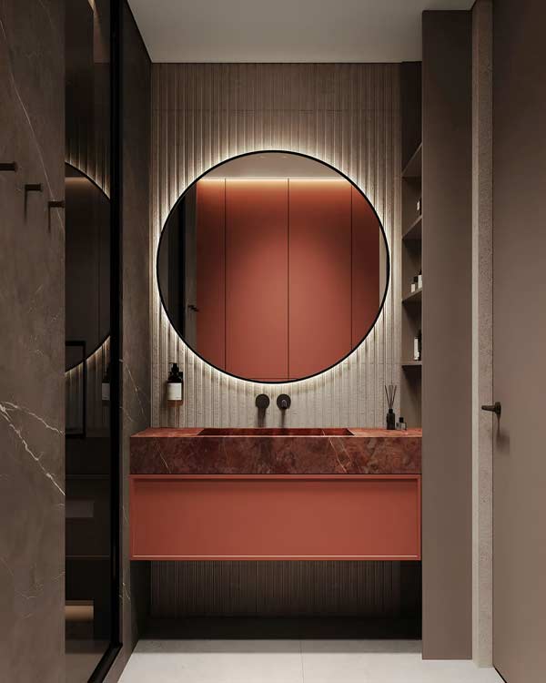 Lustro podświetlane Scandi Slim w minimalistycznej łazience. GieraDesign