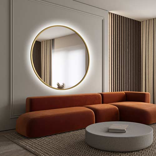 Lustro podświetlane okrągłe Scandi w minimalistycznym salonie. GieraDesign