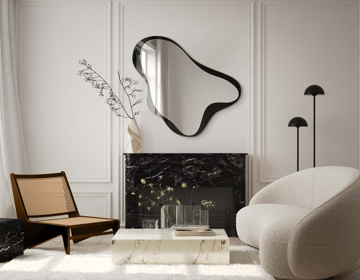 dekoracyjne niergularne lustro Obses zawieszone nad kominkiem w salonie