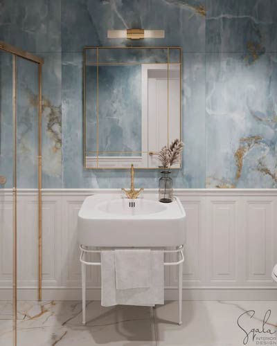 Lustro ze szprosami złote Credo Classic w stylowej łazience, projekt @sqala_design